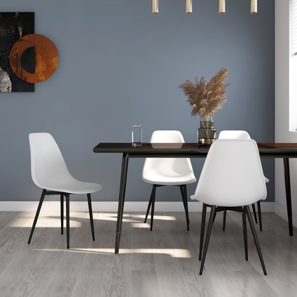 Set of two white vidaXL dining chairs with PP seats and sleek design, ideal for modern kitchen or dining room decor.
