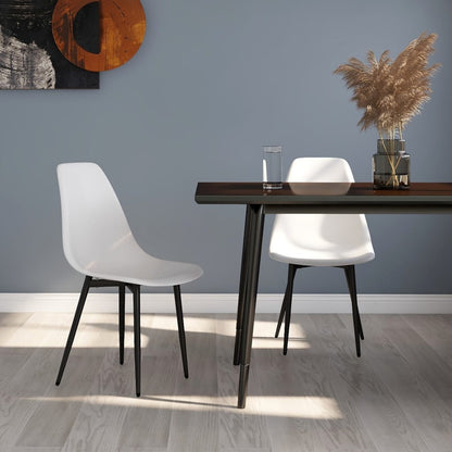 Two white vidaXL dining chairs made of durable polypropylene, featuring a modern design for comfortable seating.
