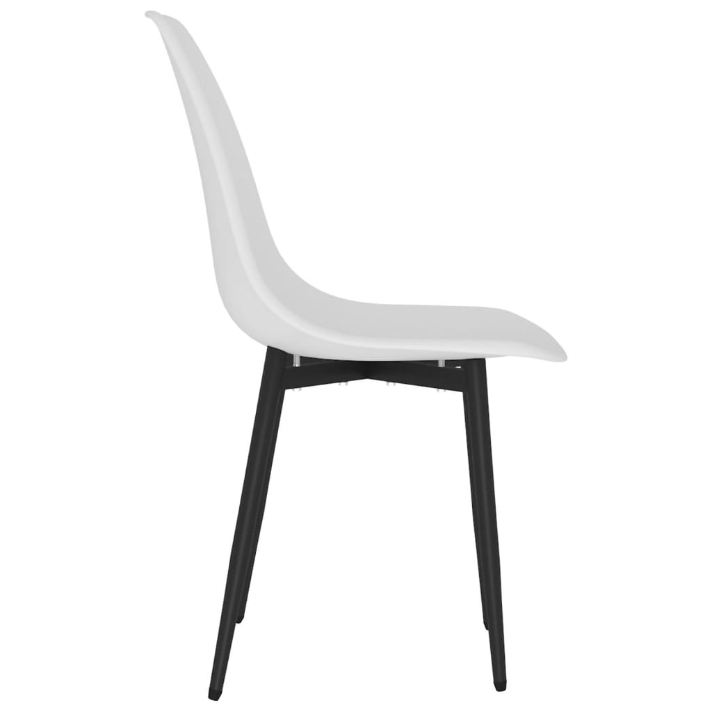 Two white PP dining chairs by vidaXL with modern design, shown from a side angle in a well-lit room setting.