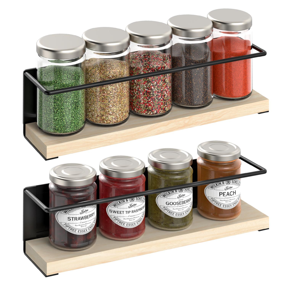 Two-piece Vinsani magnetic spice rack with wooden shelves, mounted on a kitchen wall for organizing spice jars.