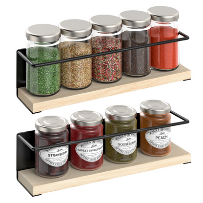 Two-piece Vinsani magnetic spice rack with wooden shelves, mounted on a kitchen wall for organizing spice jars.