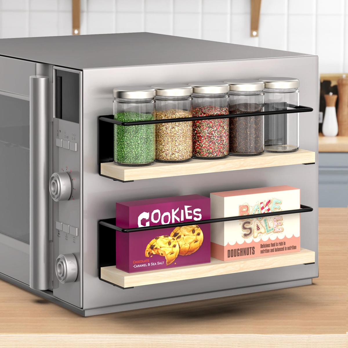 Two-piece Vinsani magnetic spice rack with wooden shelves for organizing spices on your kitchen countertop.
