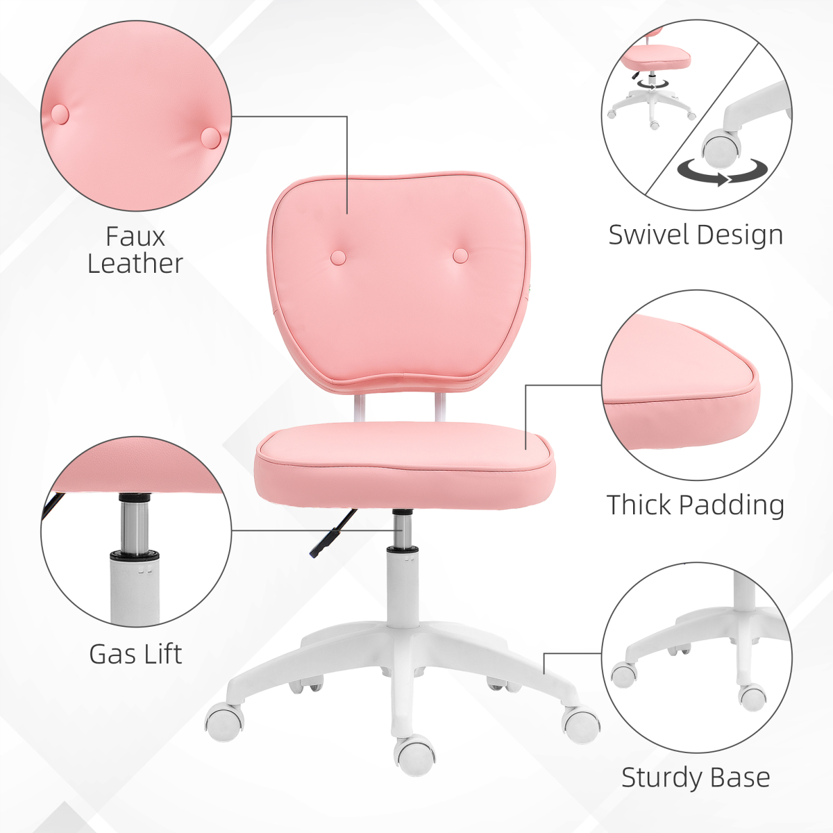 Kids swivel desk chair with pink PU leather upholstery, adjustable height, and ergonomic design by Vinsetto.