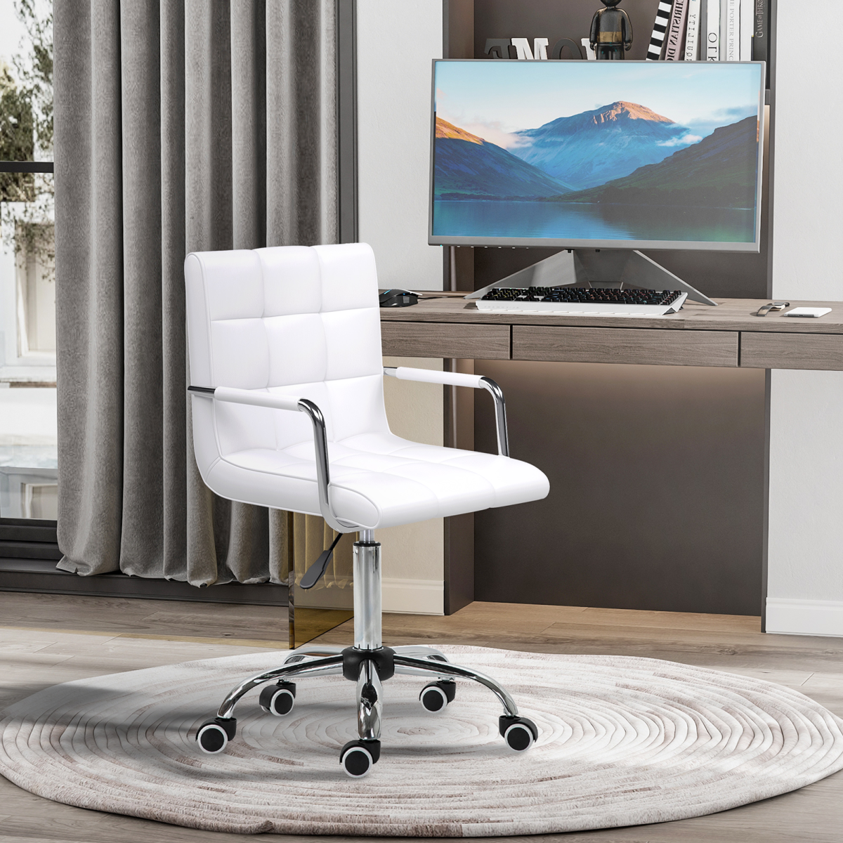 Vinsetto white mid-back PU leather office chair with armrests and swivel wheel for home desk setup.