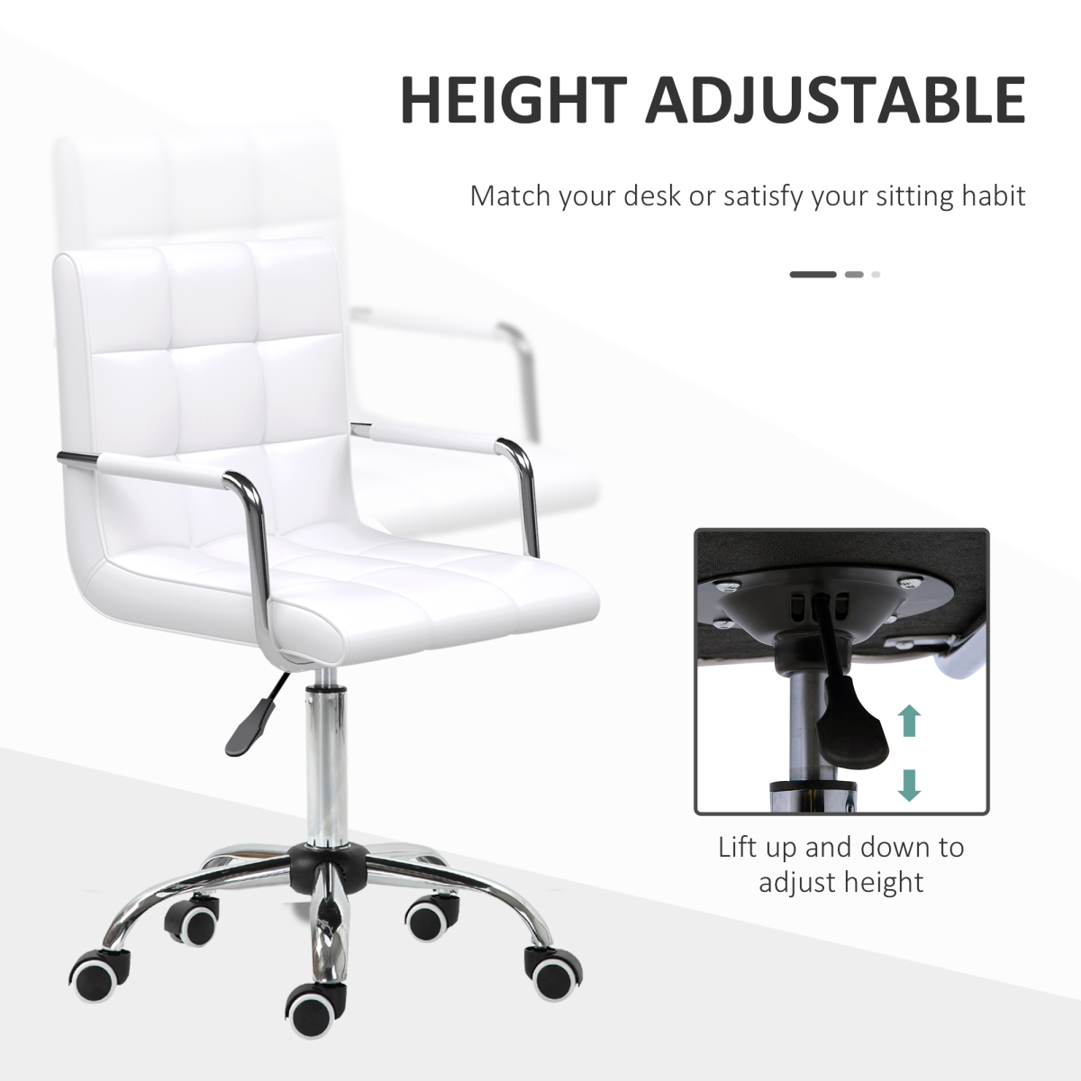 White Vinsetto mid-back PU leather office chair with armrests and swivel wheels, ideal for home desk work.