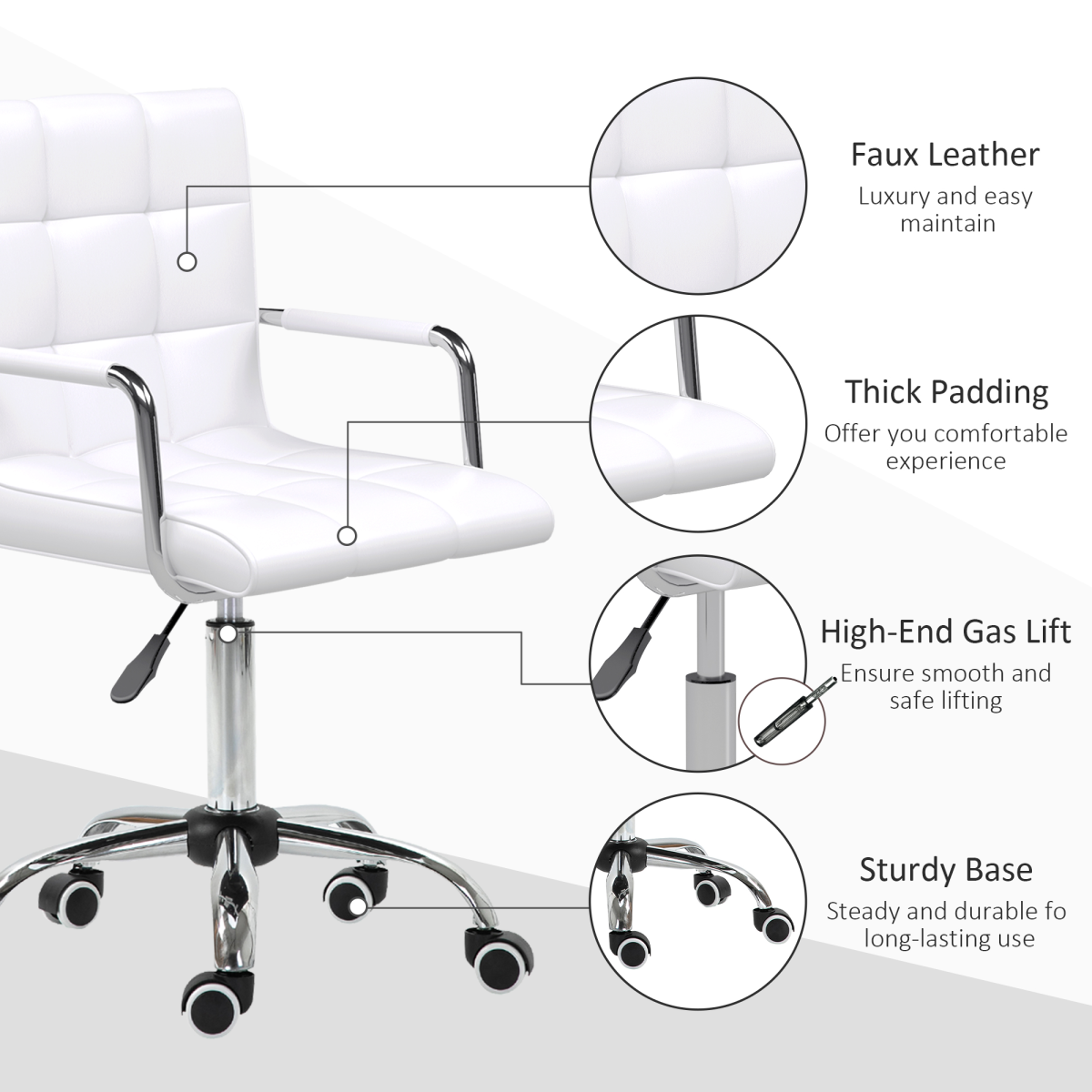 White Vinsetto mid back PU leather home office chair with armrests, swivel design, and wheels for comfortable desk work.