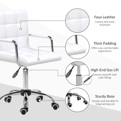 White Vinsetto mid back PU leather home office chair with armrests, swivel design, and wheels for comfortable desk work.