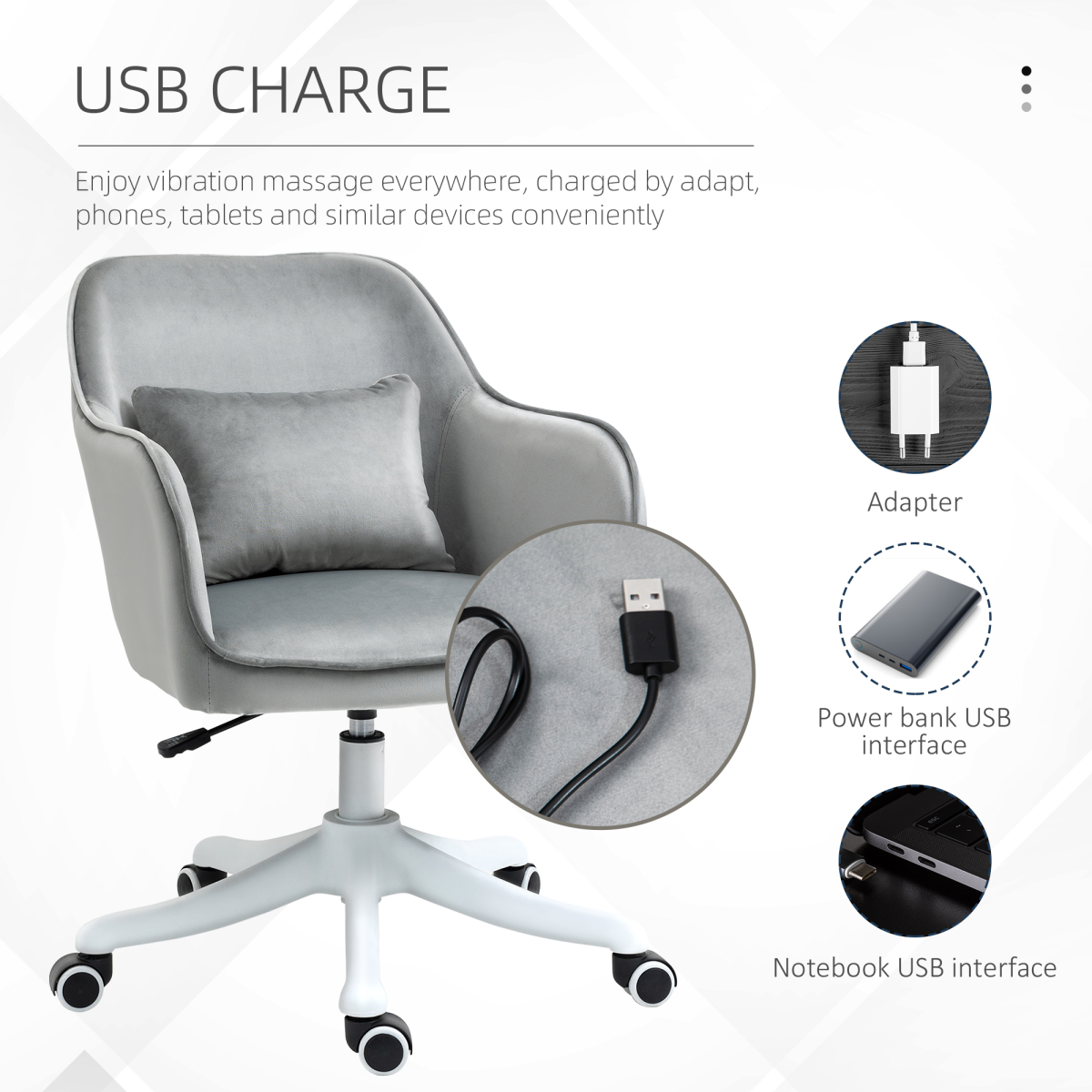 Vinsetto office chair with rechargeable electric vibration massage lumbar pillow and wheels for ergonomic comfort.