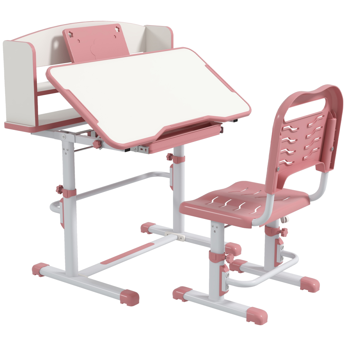 Pink height-adjustable kids desk and chair set by ZONEKIZ with drawer and bookshelf for children.