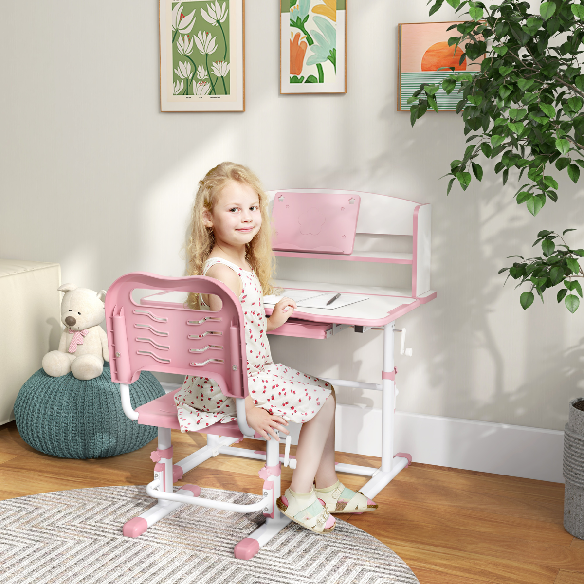 Pink ZONEKIZ height adjustable kids desk and chair set with drawer and bookshelf, suitable for children’s study space.
