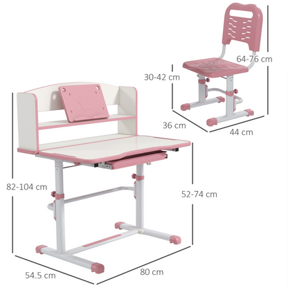 Pink height adjustable kids desk and chair set with drawer and bookshelf by ZONEKIZ, showing the colorful furniture with storage features.