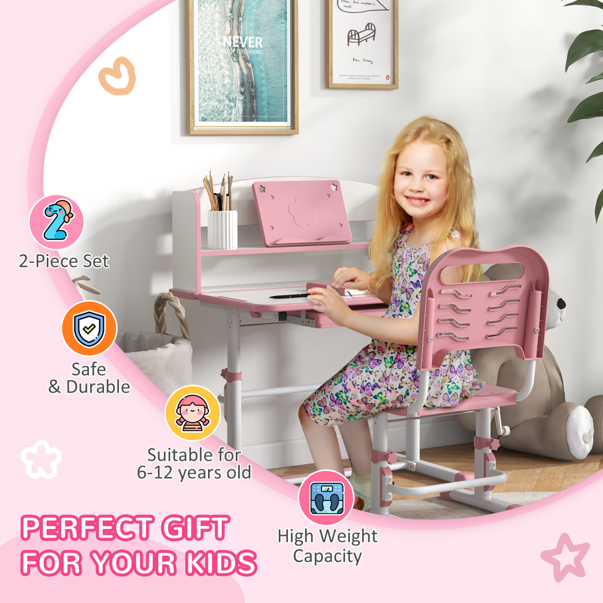 Pink ZONEKIZ kids desk and chair set with height adjustment, drawer, and bookshelf, designed for children.