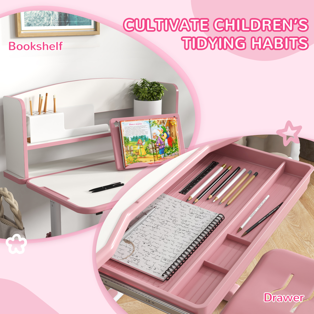 Pink ZONEKIZ height adjustable kids desk and chair set with drawer and bookshelf, ideal for children's study space.