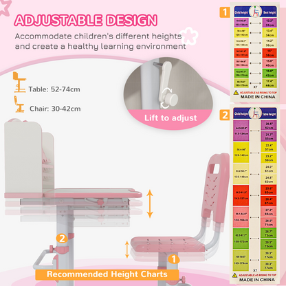 Pink ZONEKIZ height adjustable kids desk and chair set with drawer and bookshelf, designed for children’s study space.