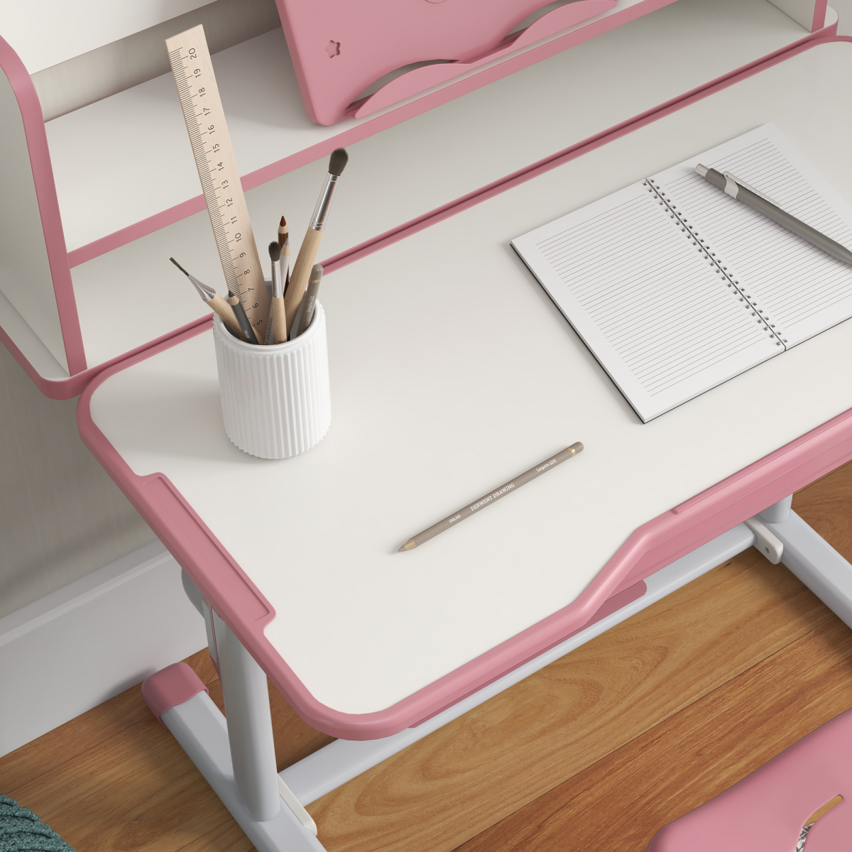 Pink height adjustable kids desk and chair set with drawer and bookshelf by ZONEKIZ, suitable for children’s study space.