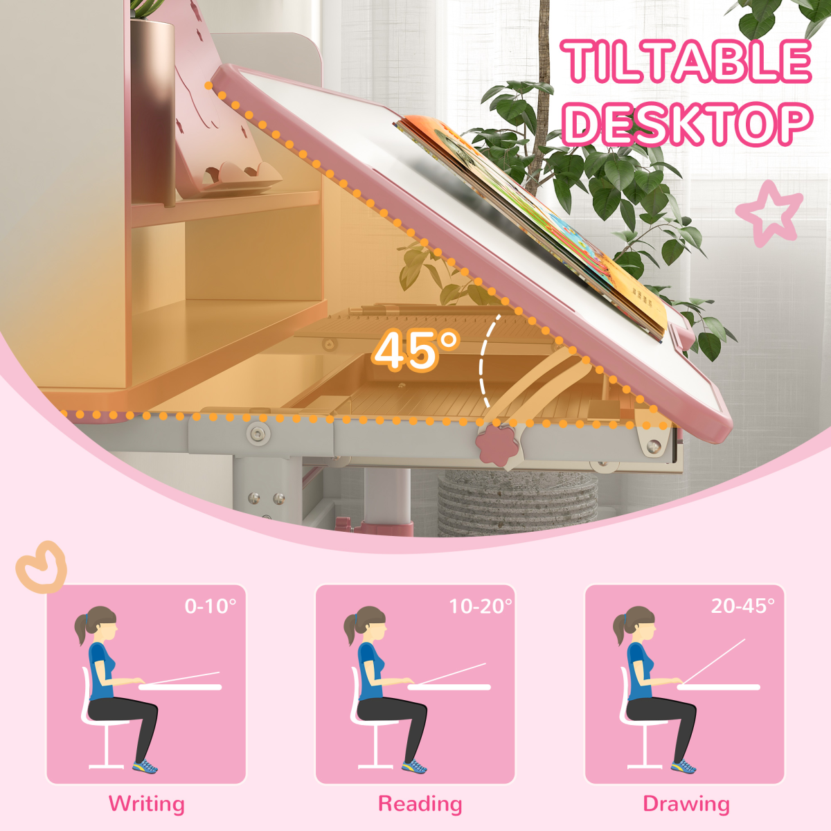 Pink ZONEKIZ height adjustable kids desk and chair set with drawer and bookshelf, designed for children’s study and play.
